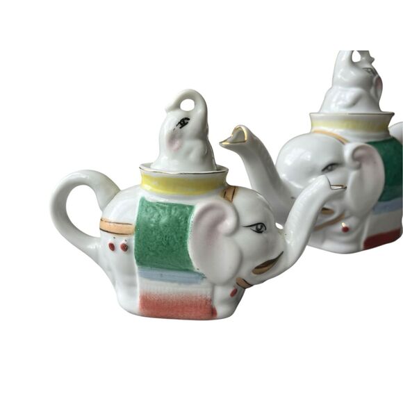 Vintage Elephant Porcelain Teapot Set - White, Green, Red Accents - Picture 6 of 6